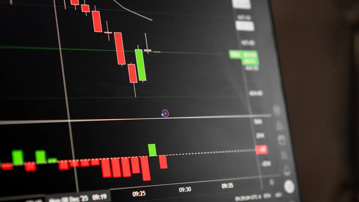 Tampilan dekat layar digital yang menunjukkan data grafik candlestick pasar saham.