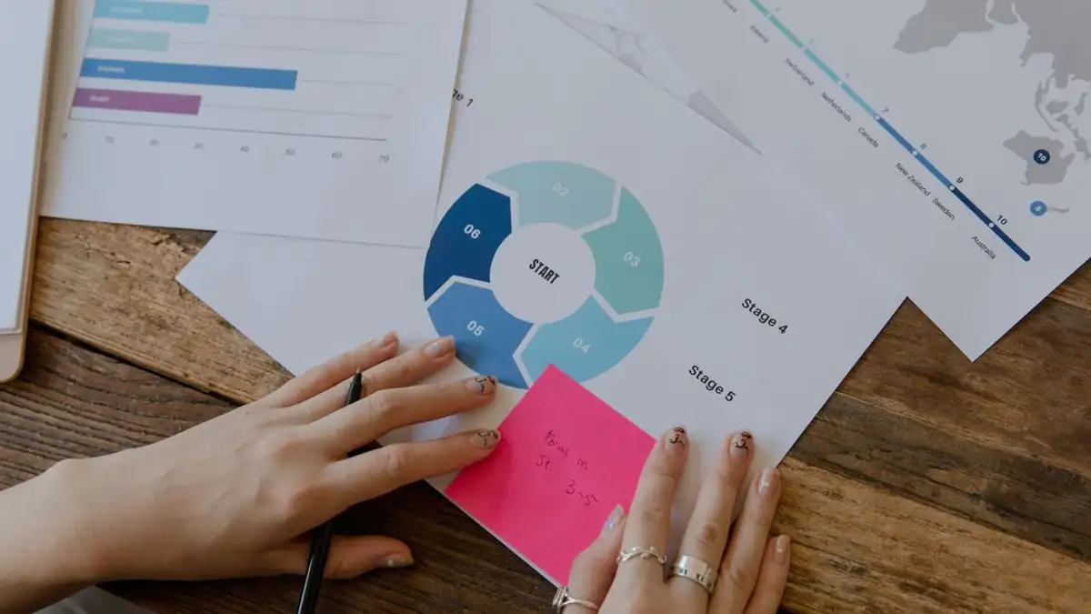 Close-up tangan yang meninjau grafik bisnis dan catatan di meja kayu dalam suasana kantor.