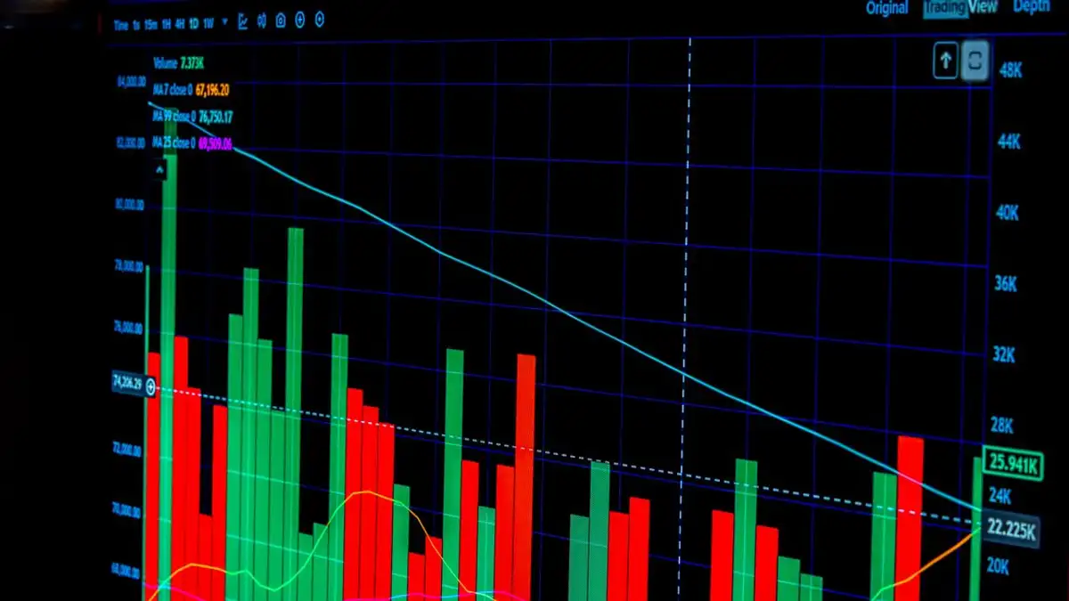Tampilan dekat grafik perdagangan Bitcoin digital yang menunjukkan fluktuasi harga.