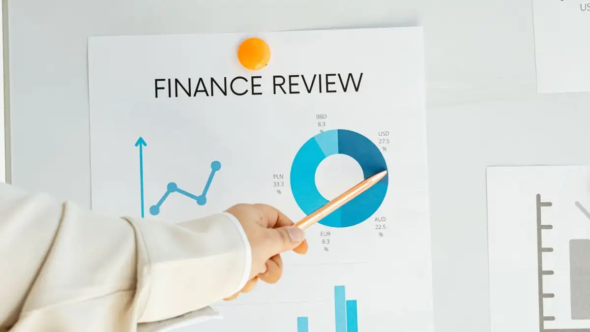 Close-up tangan yang menunjuk laporan keuangan dengan grafik dan diagram di atas kertas.