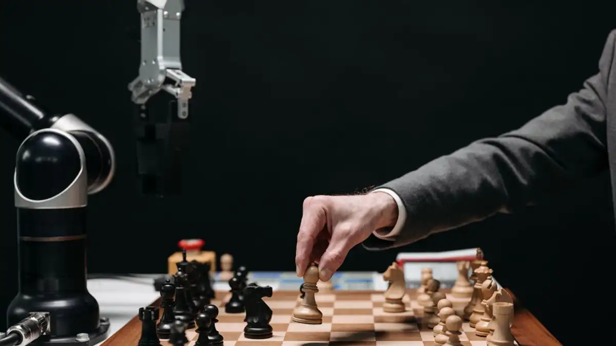 Sebuah lengan robot bermain catur melawan manusia, melambangkan inovasi dan strategi AI.